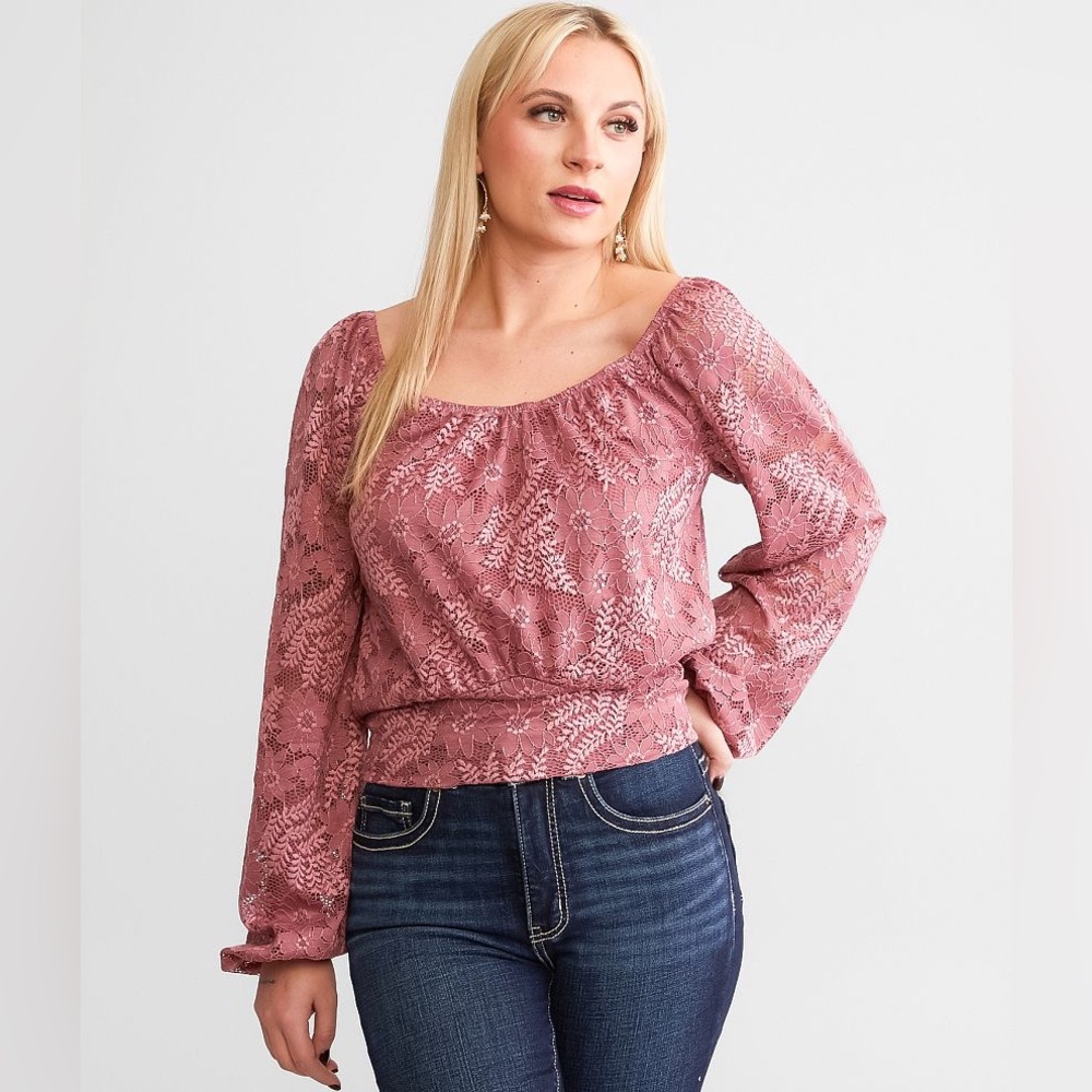 Daytrip Deco Rose Floral Lace Long‎ Sleeve Top Blouse size Small